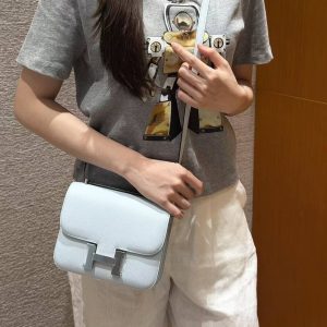 Hermes Constance 18 CM Bag Handmade In Epsom Calfskin Leather Silver Hardware T0 Blue Brume - Image 4