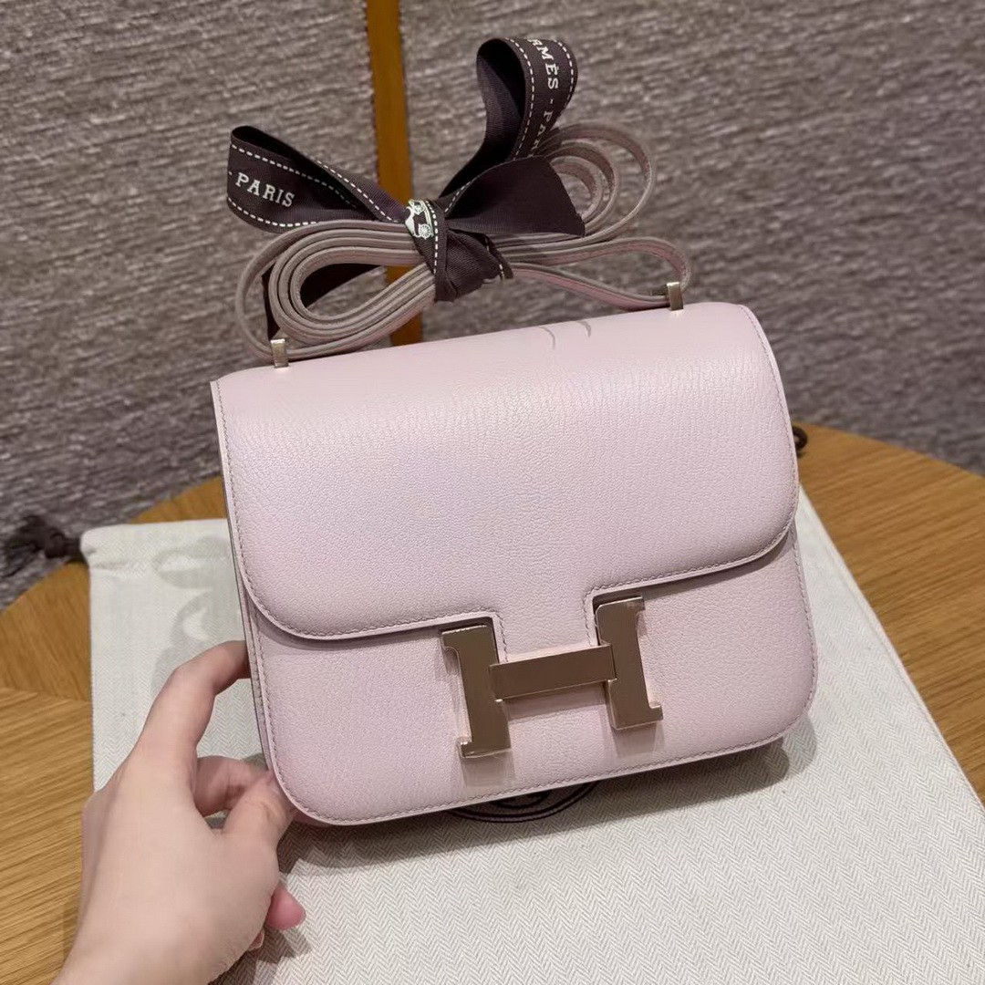 Hermes Constance 19 CM Bag Handmade In Chèvre Calfskin Leather Rose Gold Hardware 09 Mauve Pale