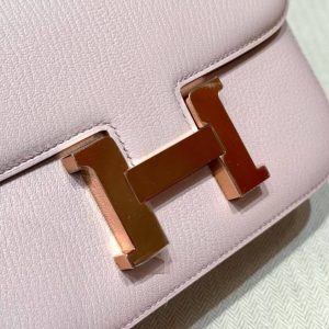 Hermes Constance 19 CM Bag Handmade In Chèvre Calfskin Leather Rose Gold Hardware 09 Mauve Pale - Image 14