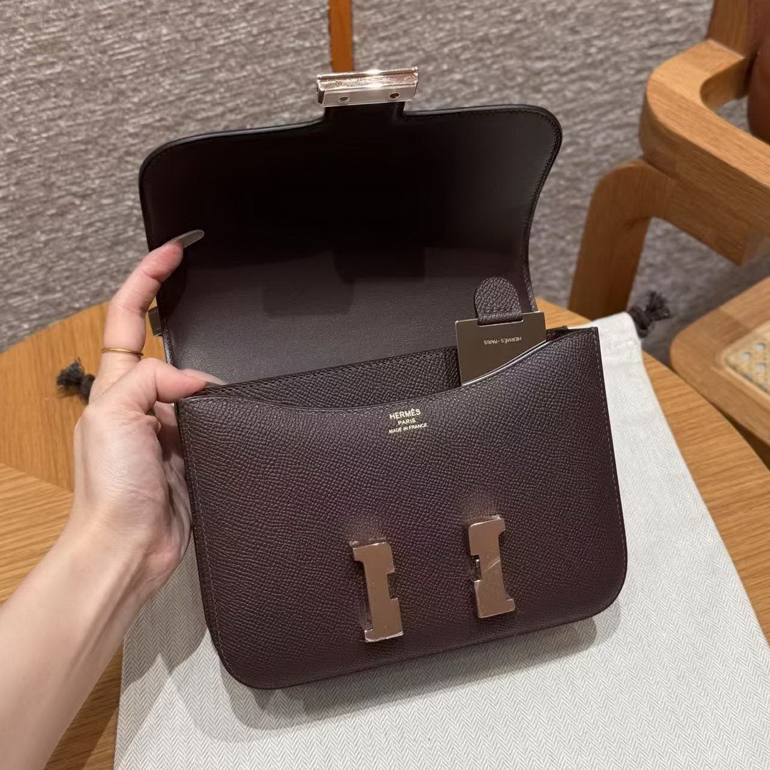 Hermes Constance 19 CM Bag Handmade In Epsom Calfskin Leather Rose Gold Hardware 0G Rouge Seller - Image 15