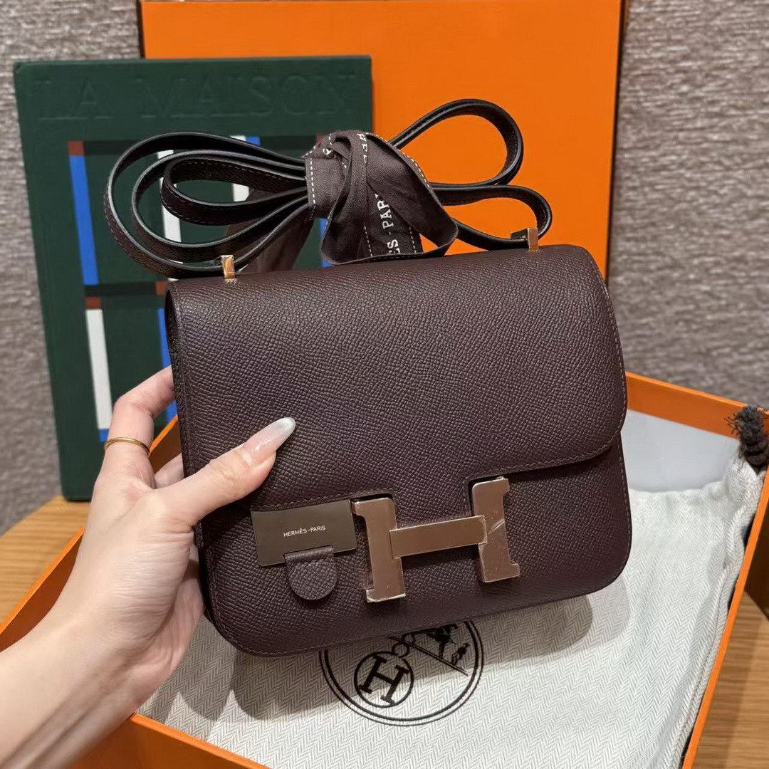 Hermes Constance 19 CM Bag Handmade In Epsom Calfskin Leather Rose Gold Hardware 0G Rouge Seller - Image 4