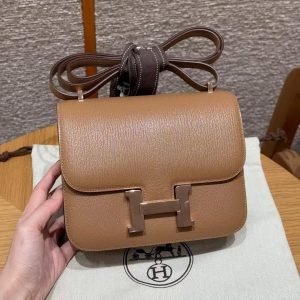 Hermes Constance 19 CM Bag Handmade In Chèvre Calfskin Leather Rose Gold Hardware 2J Quebracho