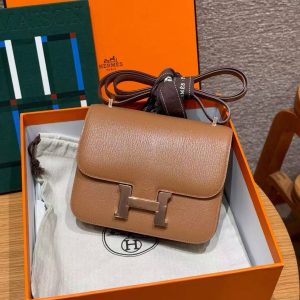 Hermes Constance 19 CM Bag Handmade In Chèvre Calfskin Leather Rose Gold Hardware 2J Quebracho - Image 3