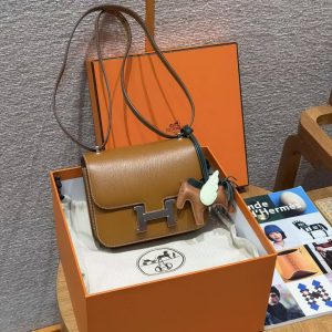 Hermes Constance 19 CM Bag Handmade In Chèvre Calfskin Leather Silver Hardware 37 Gold - Image 15