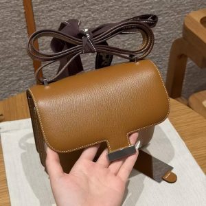 Hermes Constance 19 CM Bag Handmade In Chèvre Calfskin Leather Silver Hardware 37 Gold - Image 8
