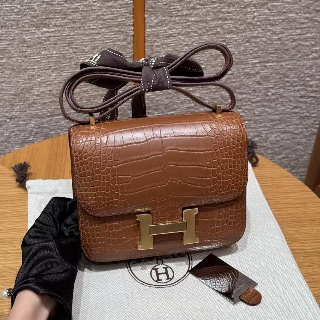 Hermes Constance 19 CM Bag Handmade In Matte Alligator Leather from Mississippi Gold Hardware 37 Gold