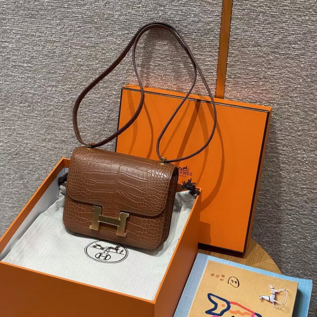 Hermes Constance 19 CM Bag Handmade In Matte Alligator Leather from Mississippi Gold Hardware 37 Gold - Image 12