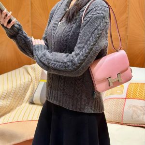 Hermes Constance 19 CM Bag Handmade In Chèvre Calfskin Leather Silver Hardware 3Q Rose Sakura - Image 4
