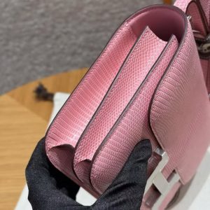 Hermes Constance 19 CM Bag Handmade In Lizard Leather from South Africa Silver Hardware 3Q Rose Sakura - Image 20