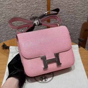 Hermes Constance 19 CM Bag Handmade In Lizard Leather from South Africa Silver Hardware 3Q Rose Sakura