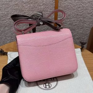 Hermes Constance 19 CM Bag Handmade In Lizard Leather from South Africa Silver Hardware 3Q Rose Sakura - Image 12