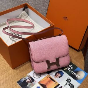 Hermes Constance 19 CM Bag Handmade In Lizard Leather from South Africa Silver Hardware 3Q Rose Sakura - Image 4
