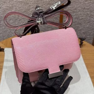 Hermes Constance 19 CM Bag Handmade In Lizard Leather from South Africa Silver Hardware 3Q Rose Sakura - Image 3