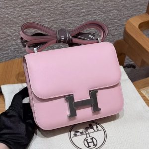Hermes Constance 19 CM Bag Handmade In Swift Calfskin Leather Silver Hardware 3Q Rose Sakura