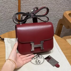 Hermes Constance 19 CM Bag Handmade In Box Calfskin Leather Silver Hardware 57 Bordeaux