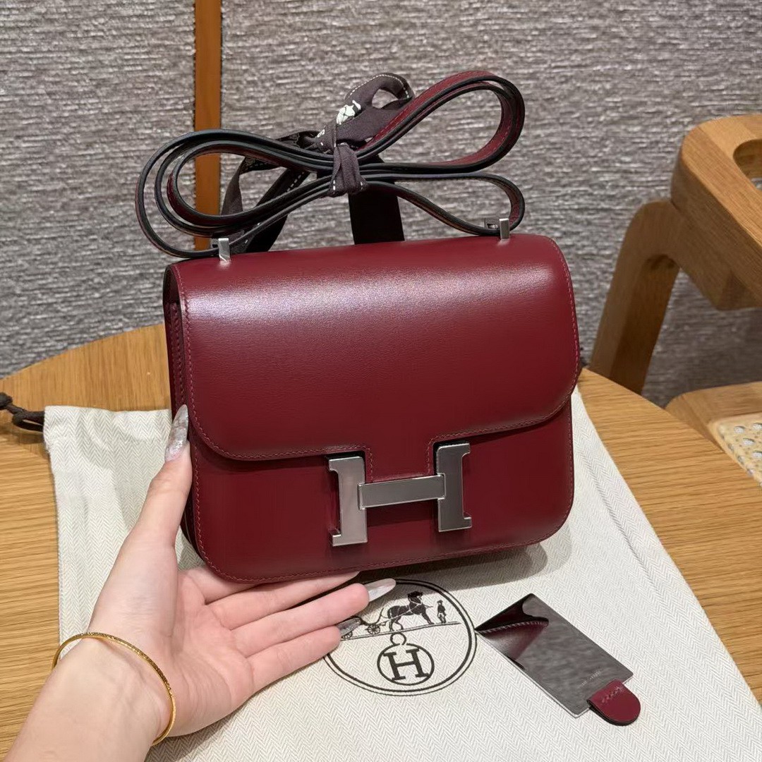 Hermes Constance 19 CM Bag Handmade In Box Calfskin Leather Silver Hardware 57 Bordeaux