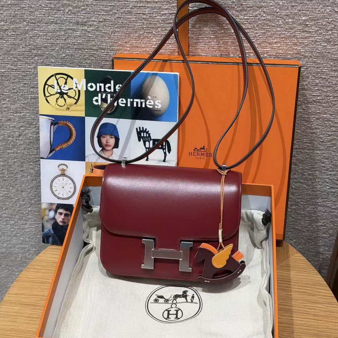 Hermes Constance 19 CM Bag Handmade In Box Calfskin Leather Silver Hardware 57 Bordeaux - Image 14