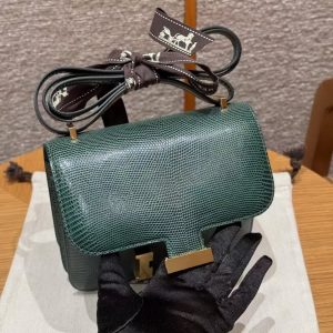 Hermes Constance 19 CM Bag Handmade In Lizard Leather from South Africa Gold Hardware 60 Vert Cypress - Image 16