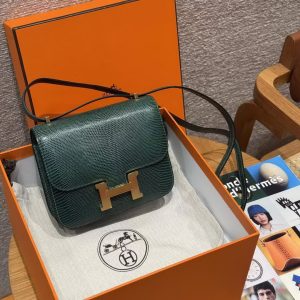 Hermes Constance 19 CM Bag Handmade In Lizard Leather from South Africa Gold Hardware 60 Vert Cypress - Image 9