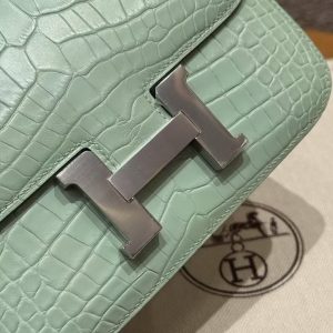 Hermes Constance 19 CM Bag Handmade In Matte Alligator Leather from Mississippi Silver Hardware 6W Menthe - Image 10