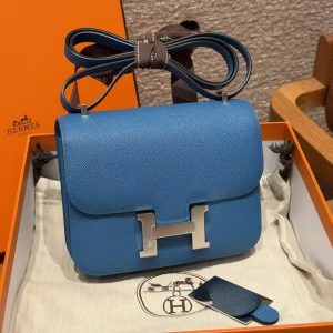 Hermes Constance 19 CM Bag Handmade In Epsom Calfskin Leather Silver Hardware 71 Blue France