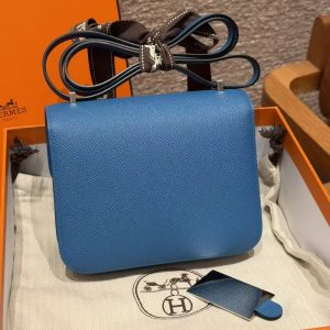 Hermes Constance 19 CM Bag Handmade In Epsom Calfskin Leather Silver Hardware 71 Blue France - Image 2