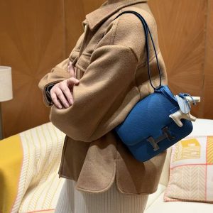 Hermes Constance 19 CM Bag Handmade In Epsom Calfskin Leather Silver Hardware 71 Blue France - Image 4