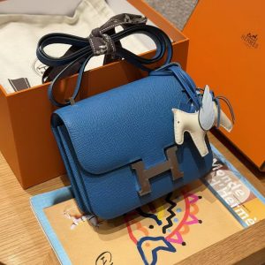 Hermes Constance 19 CM Bag Handmade In Epsom Calfskin Leather Silver Hardware 71 Blue France - Image 3