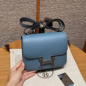 Hermes Constance 19 CM Bag Handmade In Epsom Calfskin Leather Silver Hardware 75 Blue Jean