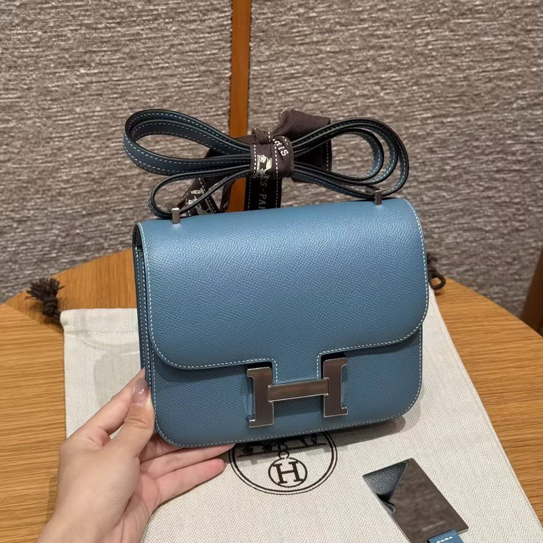 Hermes Constance 19 CM Bag Handmade In Epsom Calfskin Leather Silver Hardware 75 Blue Jean