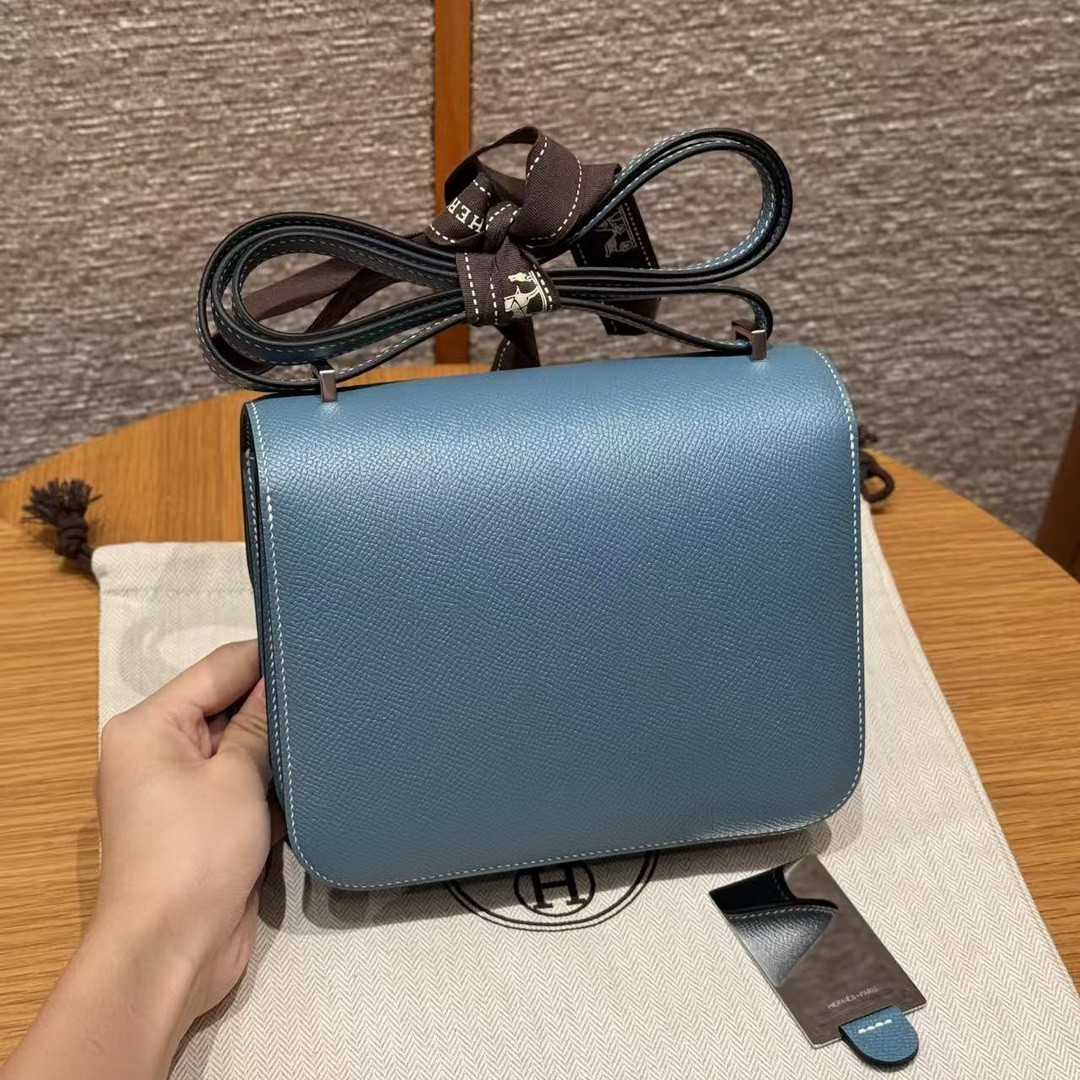 Hermes Constance 19 CM Bag Handmade In Epsom Calfskin Leather Silver Hardware 75 Blue Jean - Image 2