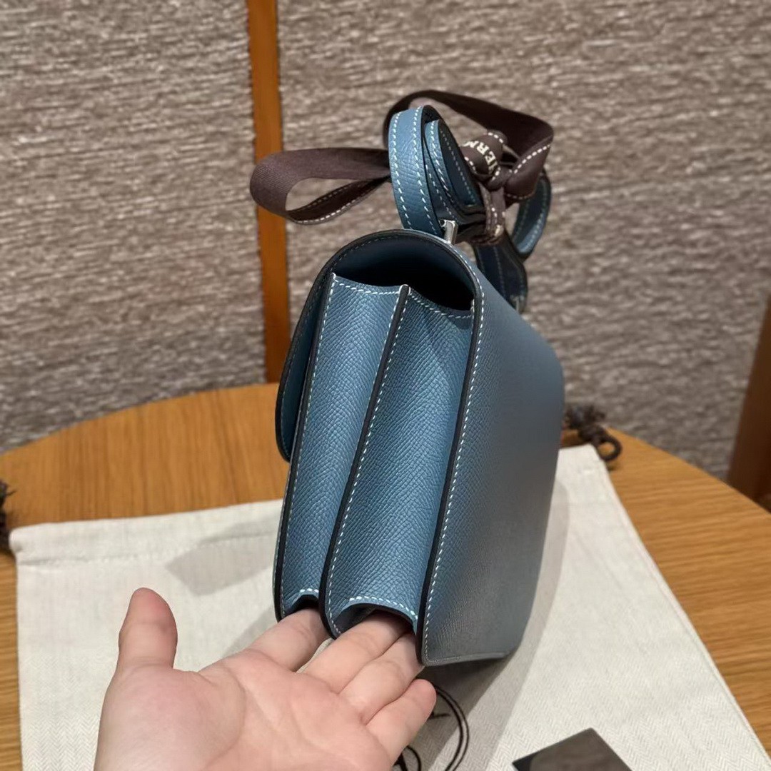 Hermes Constance 19 CM Bag Handmade In Epsom Calfskin Leather Silver Hardware 75 Blue Jean - Image 16