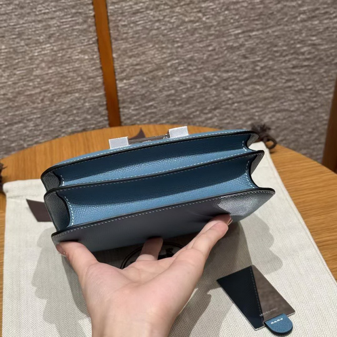 Hermes Constance 19 CM Bag Handmade In Epsom Calfskin Leather Silver Hardware 75 Blue Jean - Image 14