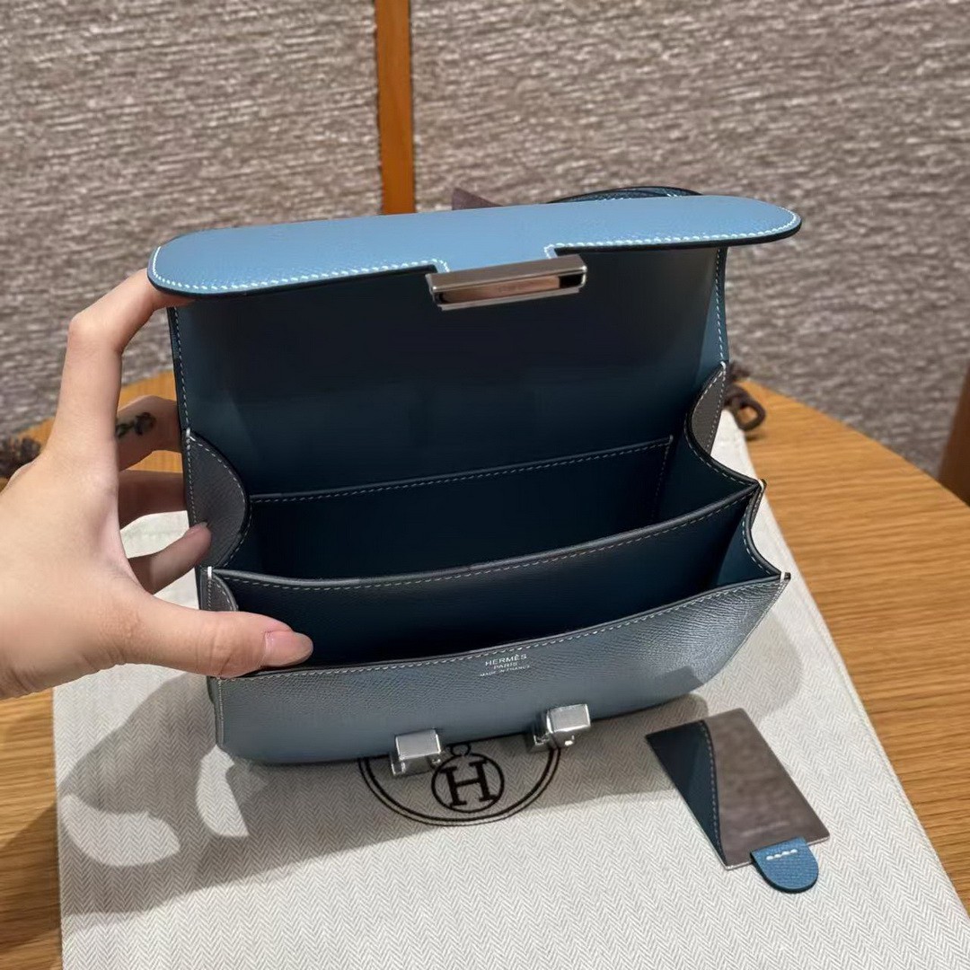Hermes Constance 19 CM Bag Handmade In Epsom Calfskin Leather Silver Hardware 75 Blue Jean - Image 13