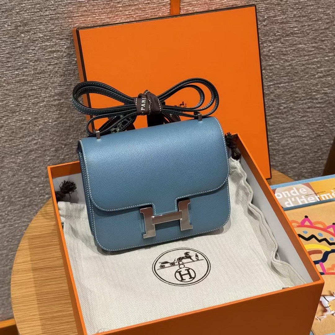 Hermes Constance 19 CM Bag Handmade In Epsom Calfskin Leather Silver Hardware 75 Blue Jean - Image 9