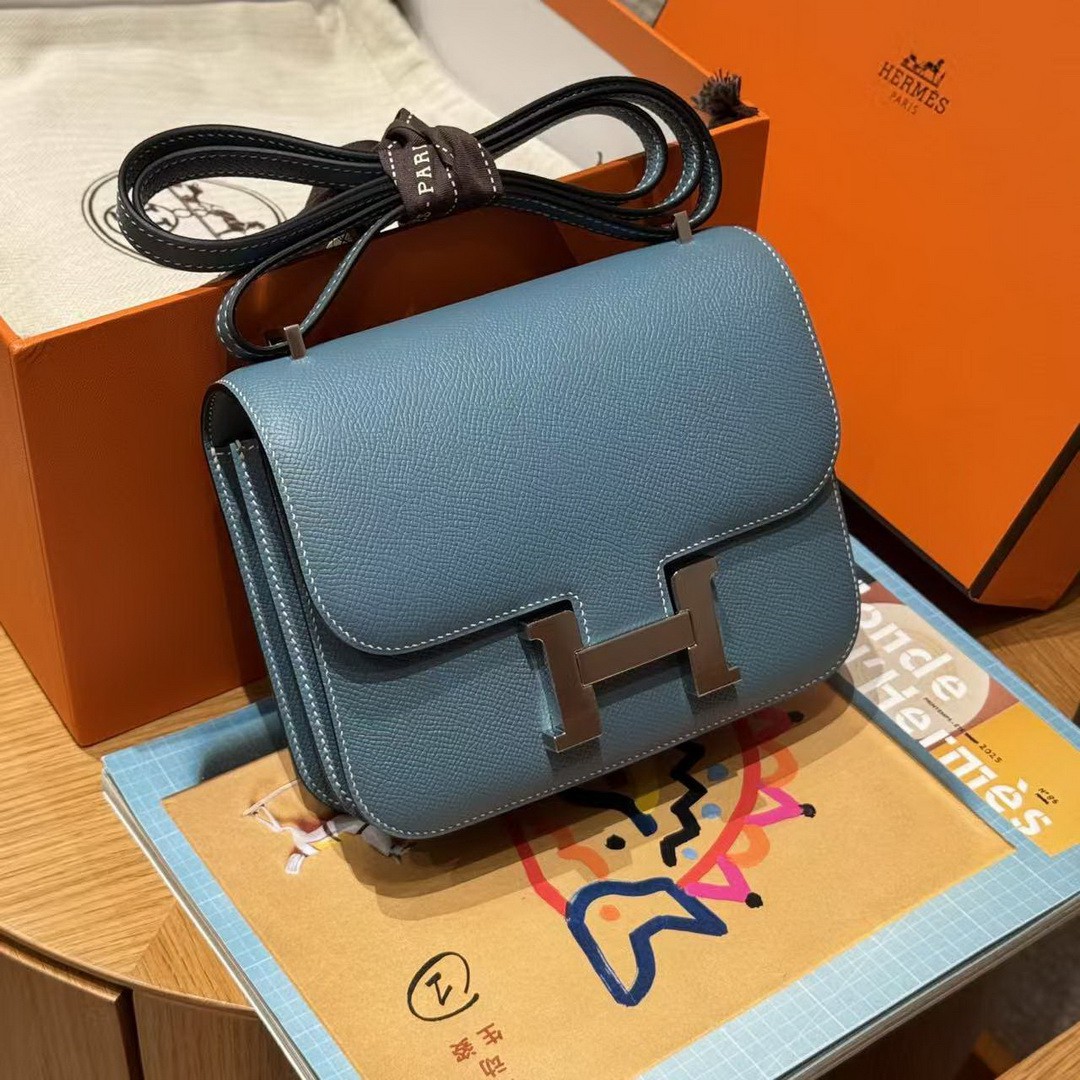 Hermes Constance 19 CM Bag Handmade In Epsom Calfskin Leather Silver Hardware 75 Blue Jean - Image 8