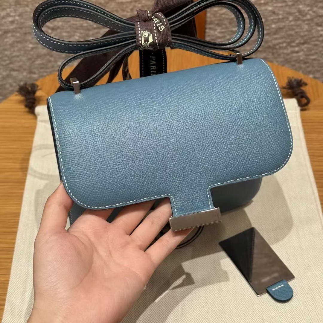 Hermes Constance 19 CM Bag Handmade In Epsom Calfskin Leather Silver Hardware 75 Blue Jean - Image 4