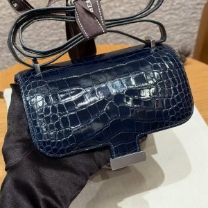 Hermes Constance 19 CM Bag Handmade In Alligator Leather from Mississippi Silver Hardware 78 Bleu Marine - Image 8