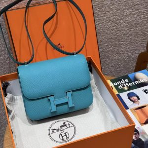 Hermes Constance 19 CM Bag Handmade In Epsom Calfskin Leather Silver Hardware 7F Blue Paon - Image 4
