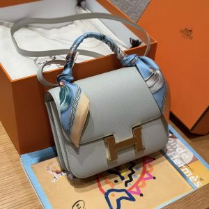 Hermes Constance 19 CM Bag Handmade In Chèvre Calfskin Leather Gold Hardware 80 Girs Perle - Image 3