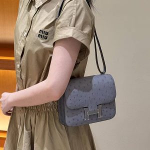 Hermes Constance 19 CM Bag Handmade In KK Ostrich Leather from South Africa Silver Hardware 82 Girs Agate - Image 3