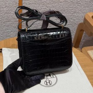Alternative view of Hermes Constance 19 CM Bag Handmade In Alligator Leather from Mississippi Gold Hardware 89 Noir