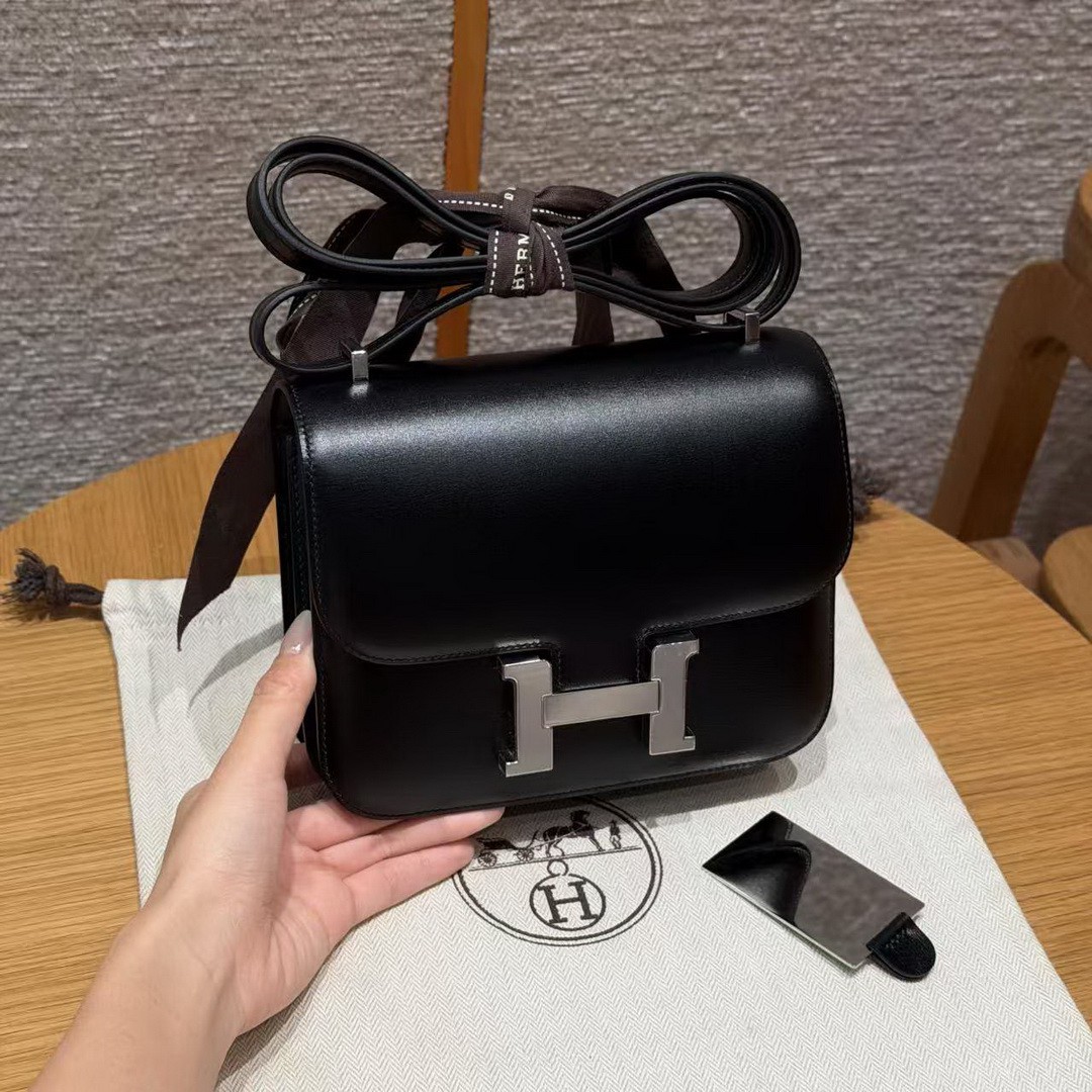 Hermes Constance 19 CM Bag Handmade In Box Calfskin Leather Silver Hardware 89 Noir