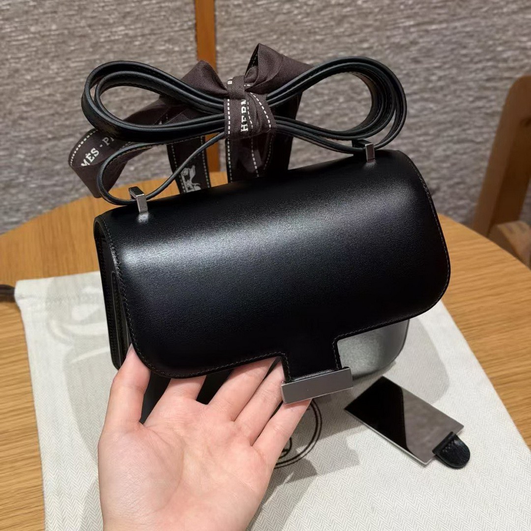 Hermes Constance 19 CM Bag Handmade In Box Calfskin Leather Silver Hardware 89 Noir - Image 13