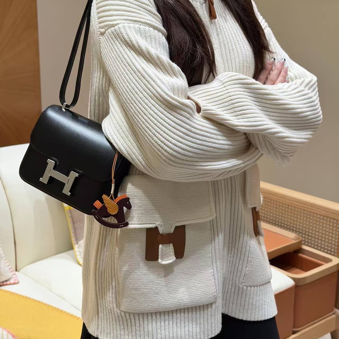 Hermes Constance 19 CM Bag Handmade In Box Calfskin Leather Silver Hardware 89 Noir - Image 5