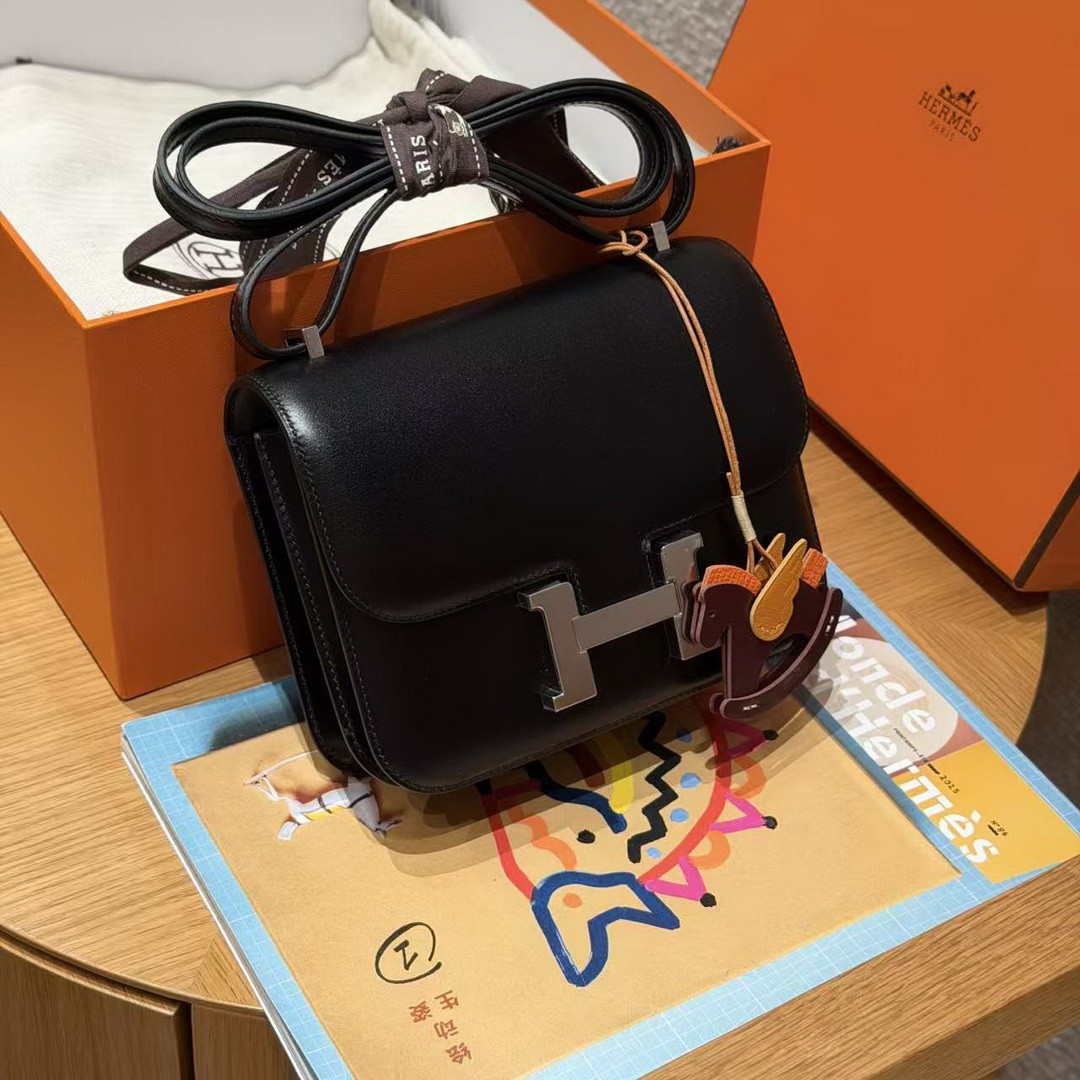 Hermes Constance 19 CM Bag Handmade In Box Calfskin Leather Silver Hardware 89 Noir - Image 4