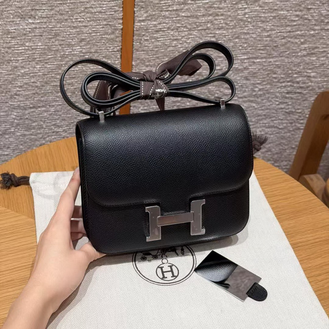 Hermes Constance 19 CM Bag Handmade In Epsom Calfskin Leather Silver Hardware 89 Noir