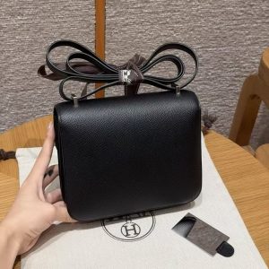 Hermes Constance 19 CM Bag Handmade In Epsom Calfskin Leather Silver Hardware 89 Noir - Image 2