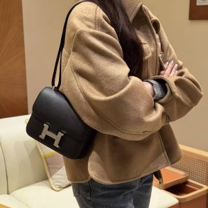 Hermes Constance 19 CM Bag Handmade In Epsom Calfskin Leather Silver Hardware 89 Noir - Image 4