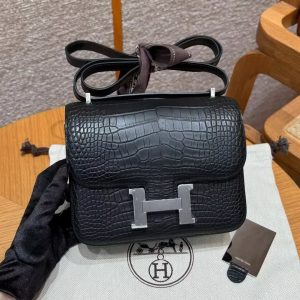 Hermes Constance 19 CM Bag Handmade In Matte America Crocodile Leather Silver Hardware 89 Noir